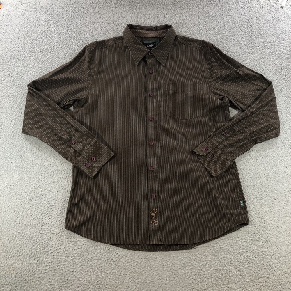 Vtg ONeill Shirt Men's L Brown Pin Stripes Casual Long Sleeve Button Up Y2K